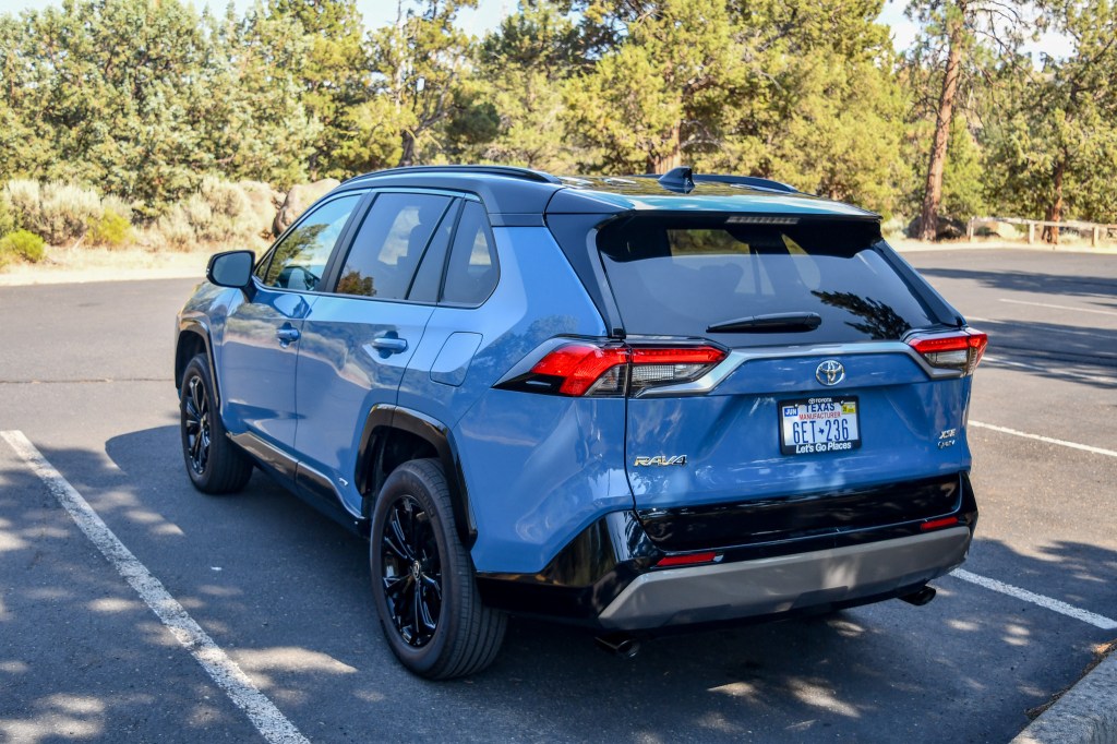 The rear quarter end of the 2025 Toyota RAV4 XSE Hybrid